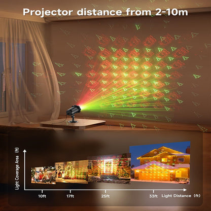Red and green tree pattern light projected in a living room, with distance and coverage guide