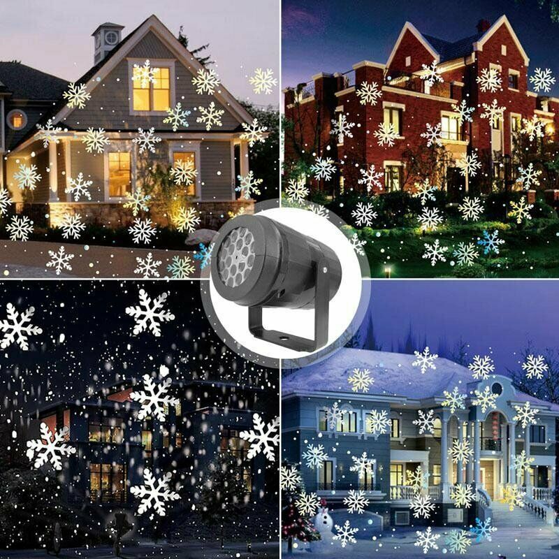 Different house fronts covered in snowflake light patterns