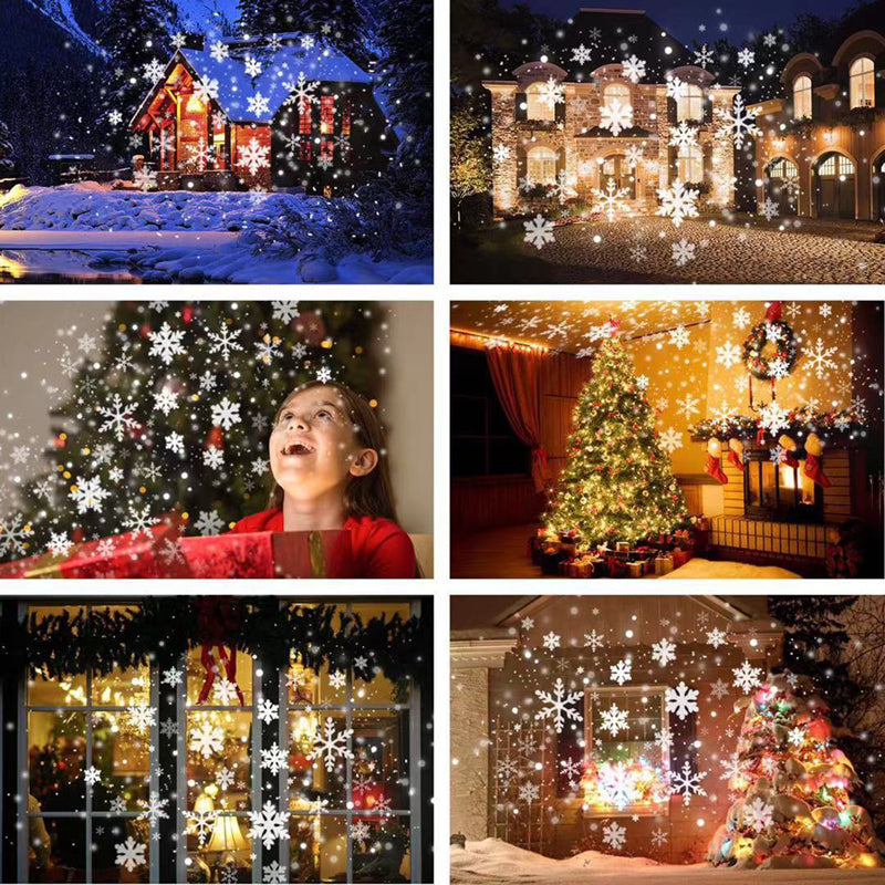 House fronts decorated with snowfall laser light and a child enjoying the effect