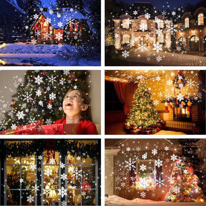 House fronts decorated with snowfall laser light and a child enjoying the effect