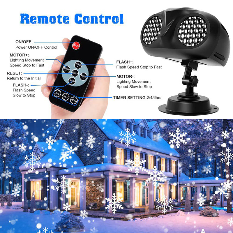 Large house front covered in snowfall light effect, controlled by included remote