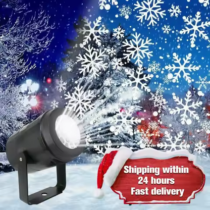 Large rotating Christmas decoration projector lighting up a house front