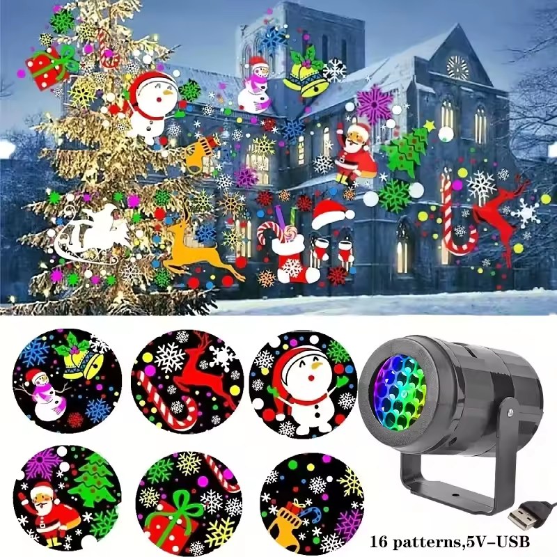 Snowflake Christmas Laser Projector Light proyectando sobre una fachada nevada