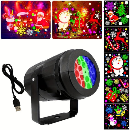 Close-up of holiday light patterns projected indoors, with pattern previews