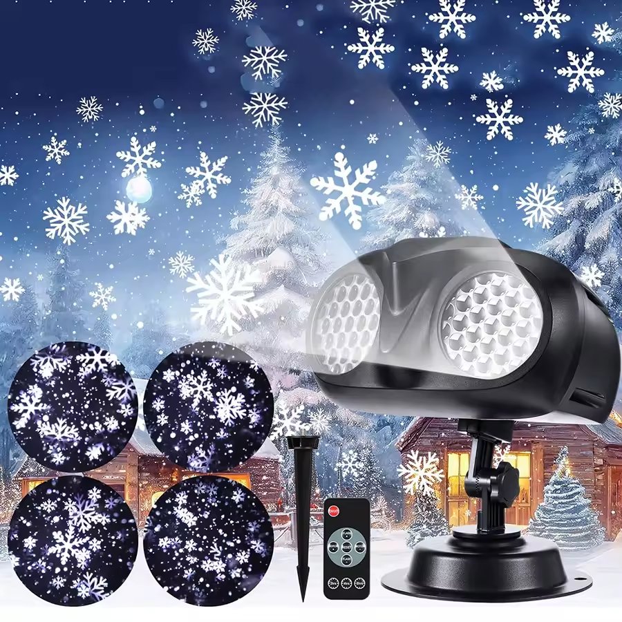 Waterproof Moving Snowfall Laser Light proyectando copos de nieve sobre una cabana nevada